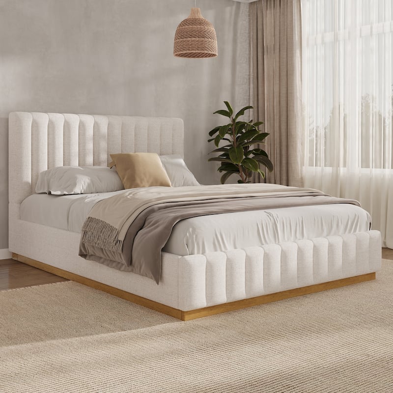 Beige Platform Bed Frame Stripe Linen Thick Upholstered Headboard Footboard, Solid Wooden Base Frame - Beige - Queen