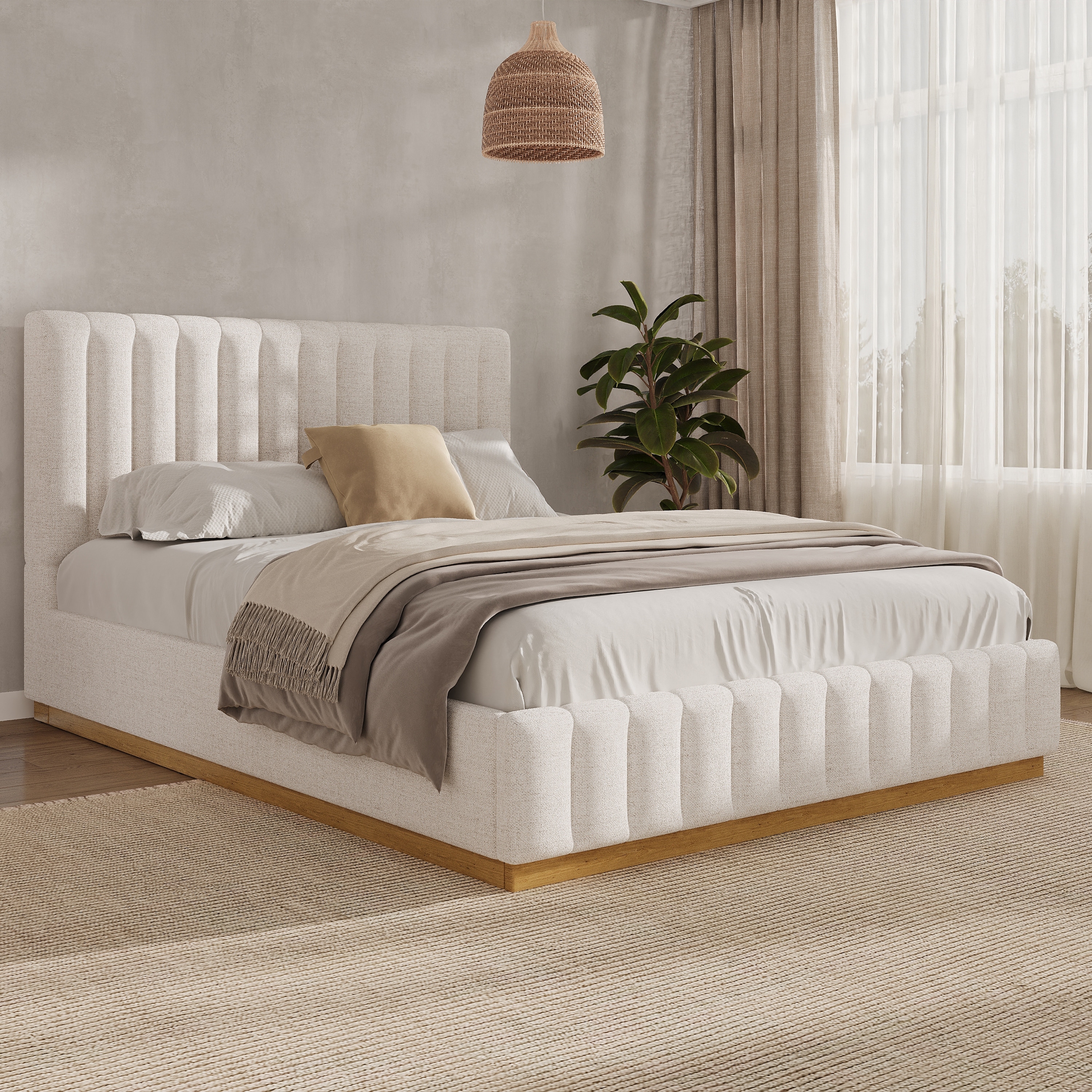 Upholstered Bed Frame Linen Fabric Platform Bed with 46''H Thick Headboard/Solid Wood Base/No Box Spring Needed/Noise Free/Beige