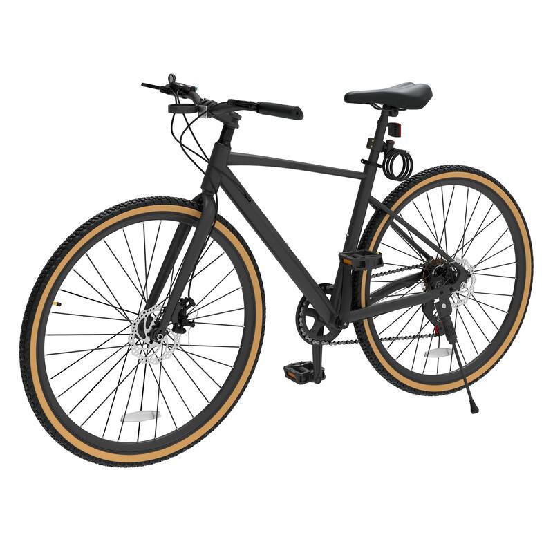 28" Road Bike Black 7 Speed Commuter Bike Lightweight Aluminum Frame Racing Bike with Disc Brake System