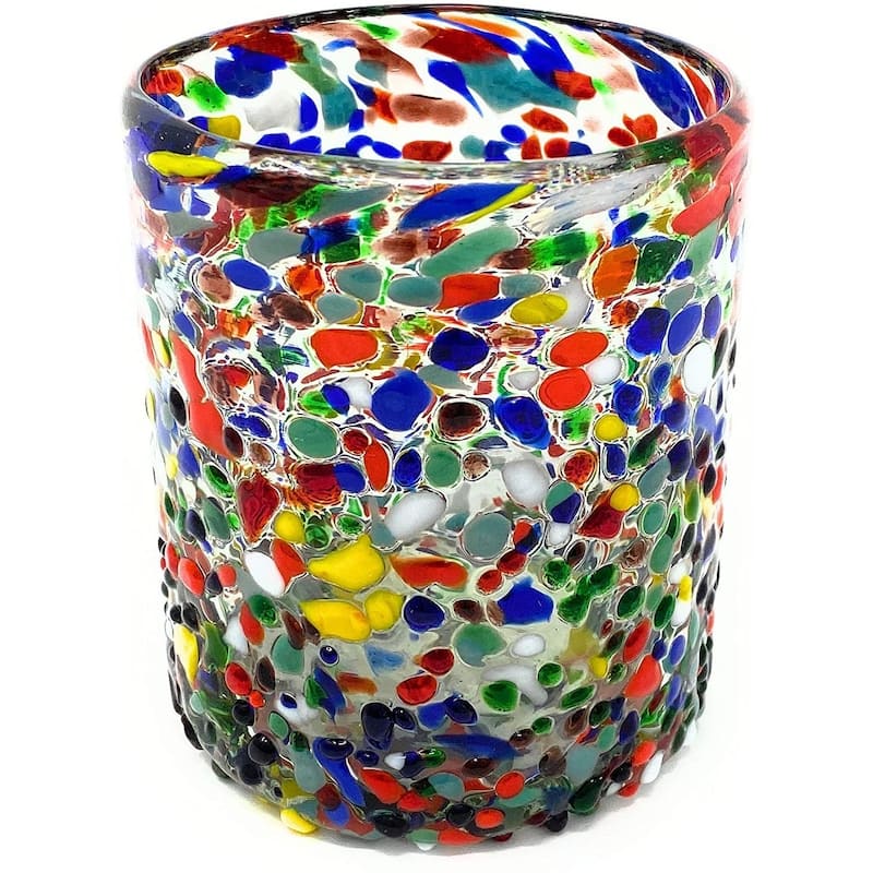 Dos Suenos Hand Blown Mexican Drinking Glasses - Set of 6 Confetti Rock Tumbler Glasses (10 oz each)