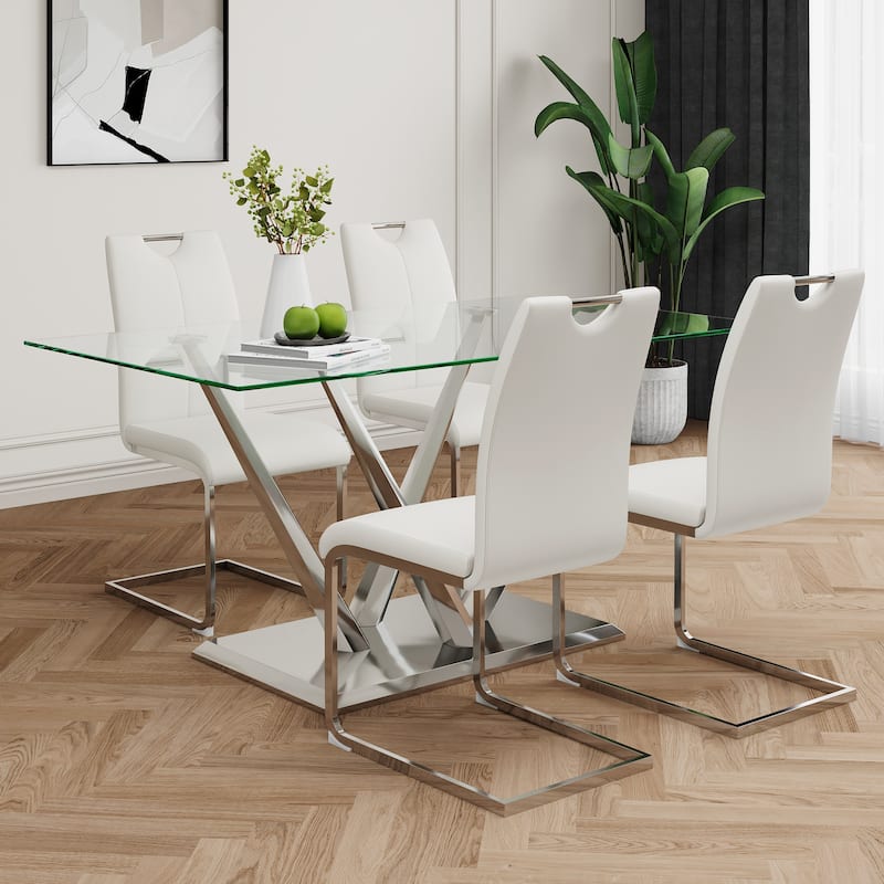 63" Glass Dining Table Set for 4, 5 Piece Dining Table and Chairs Set, Rectangular Table with 4 Faux Leather Chairs & Metal Legs