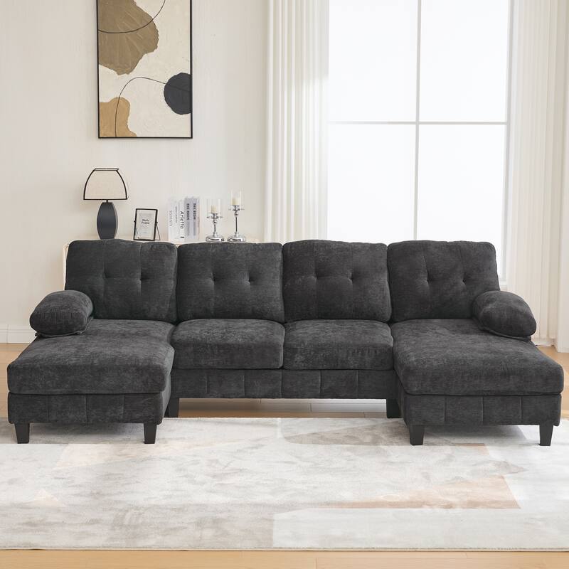 U-shaped Sectional Sofa, Chenille Fabric, Dual Chaise Lounges, Storage Pockets, Armrest Pillows, Black