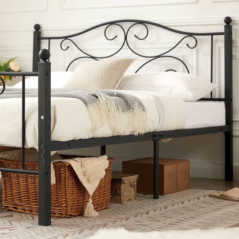 VECELO Metal Platform Bed Frame with Scroll Headboard, Twin/Full/Queen Size Beds