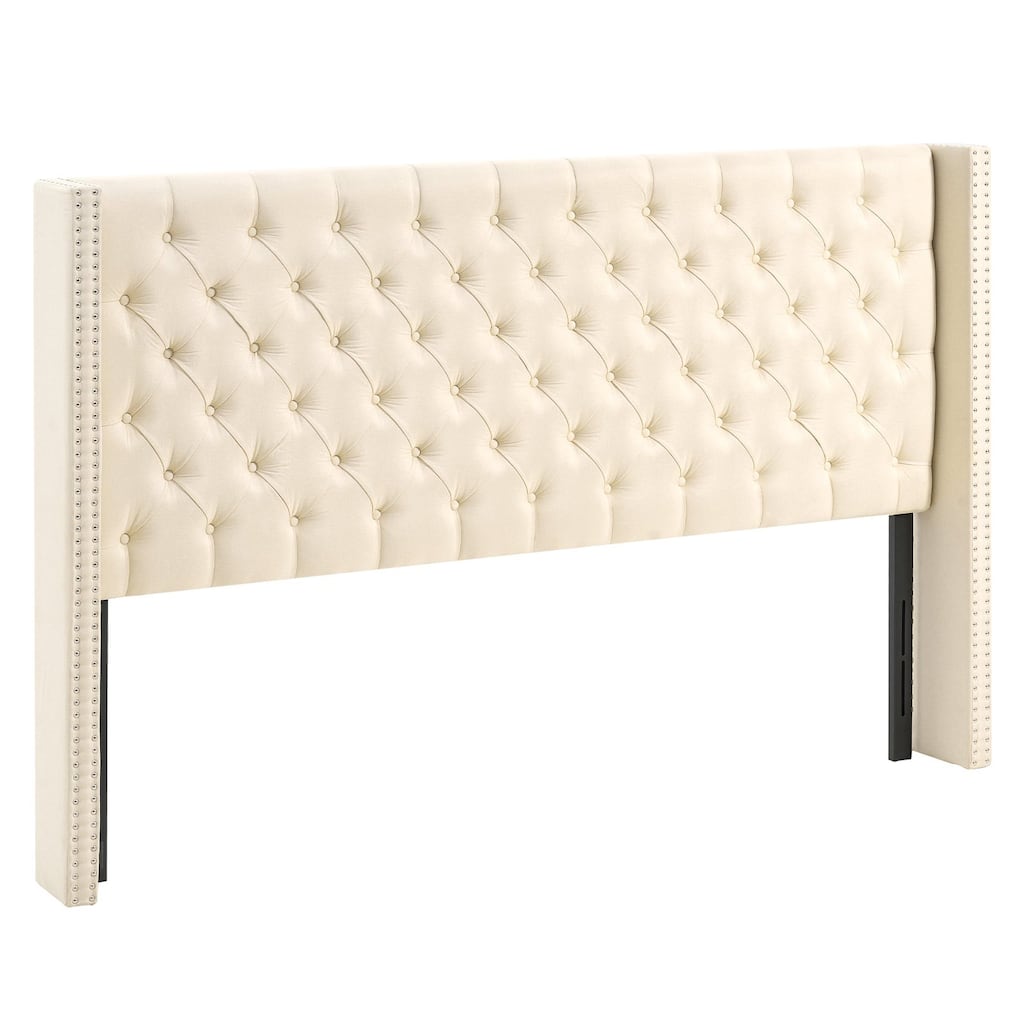 Cream Linen Diamond Tufted King Size Headboard with Adjustable Height and Steel Frame