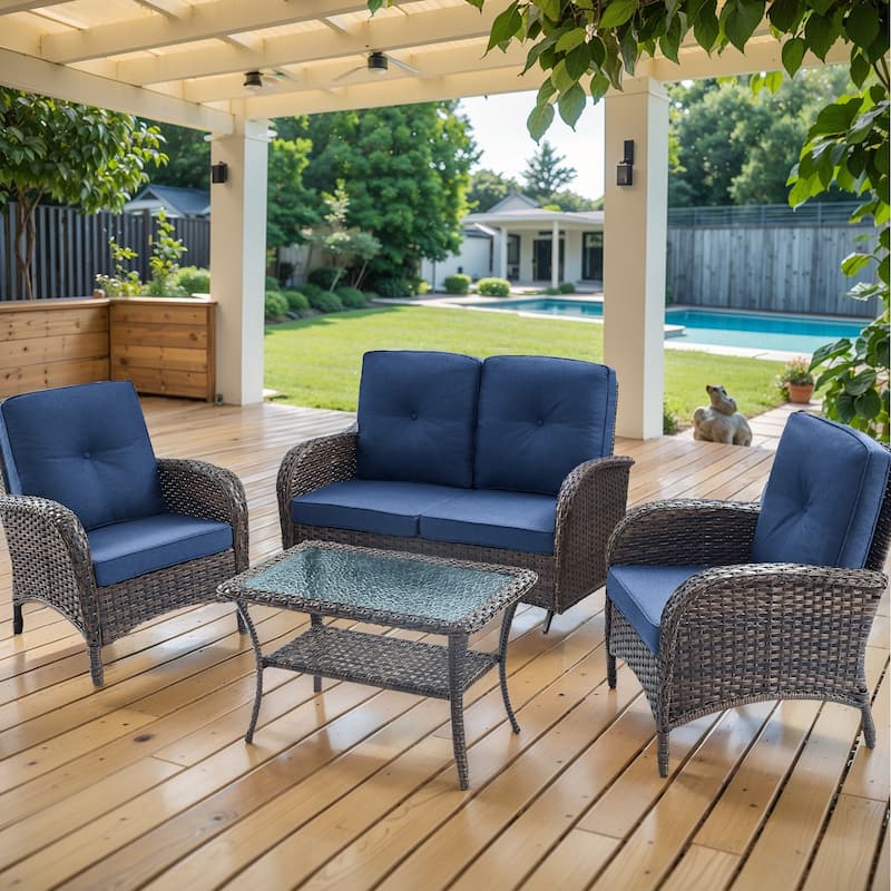 Outdoor Glider Patio Loveseat Sofa With Chair Table - Brown - Blue - Brown