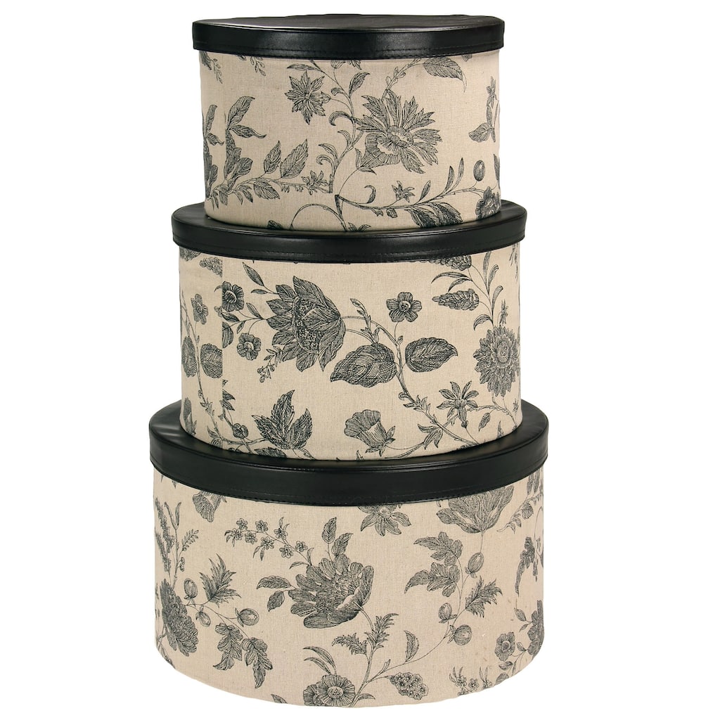 Household Essentials Nestable Hat Boxes with Faux Leather Lids, Set of 3