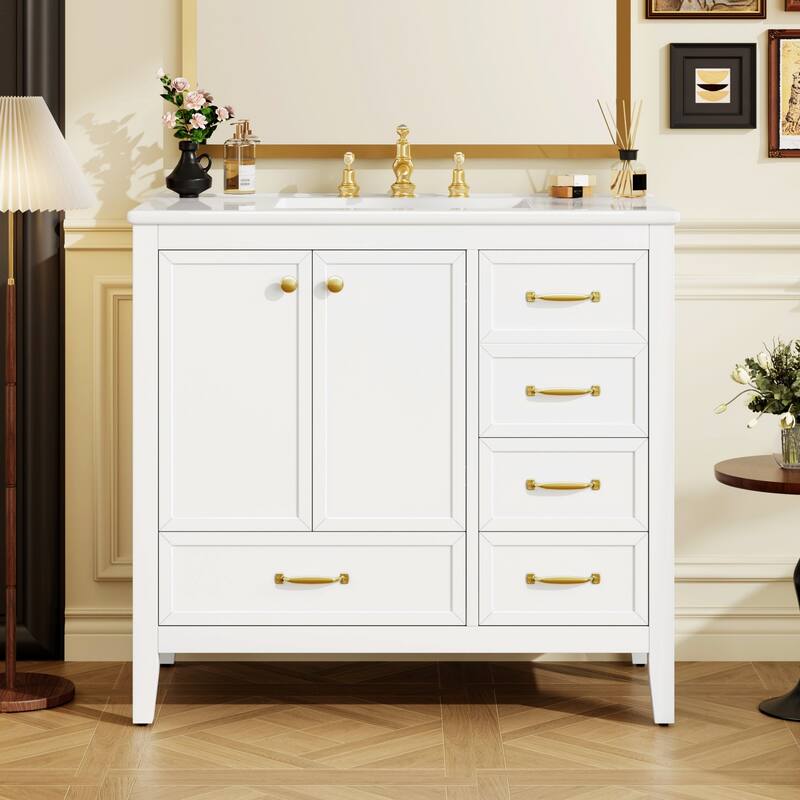 36-Inch Bathroom Vanity with Soft-Closing Drawers,Ceramic Sink,and Wood Frame - White