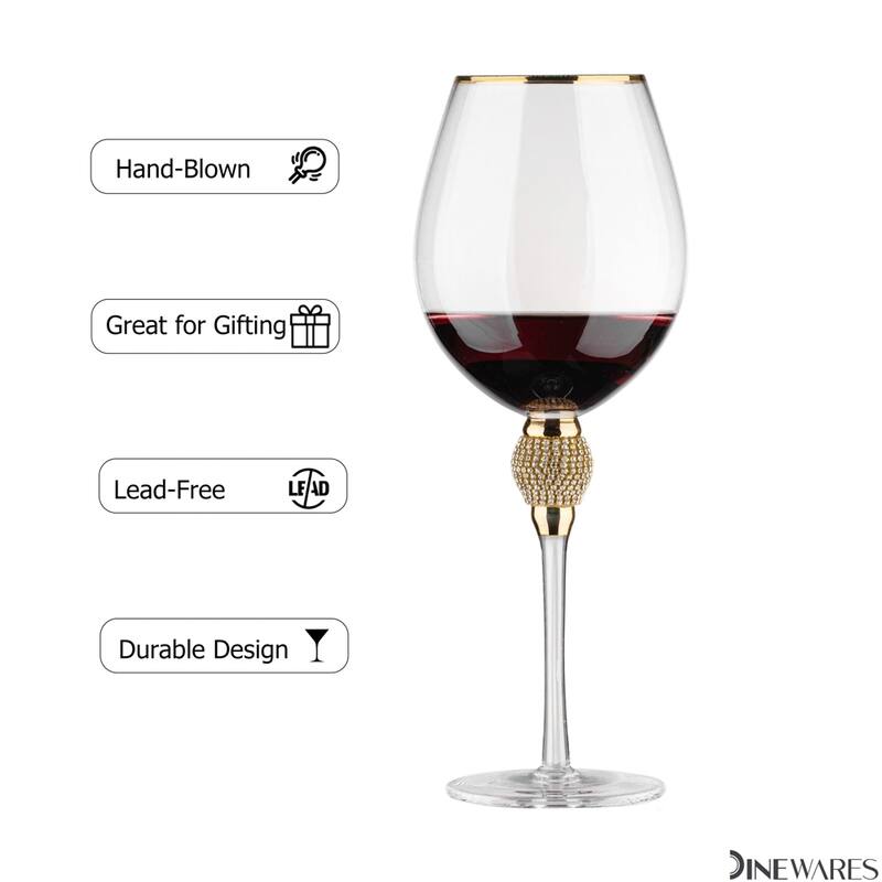 Rimmed Red Wine Glasses with Diamond Rhinestone Accent - 18 oz, 10 Inches Tall - Perfect Toasting Glasses for Bride and Groom