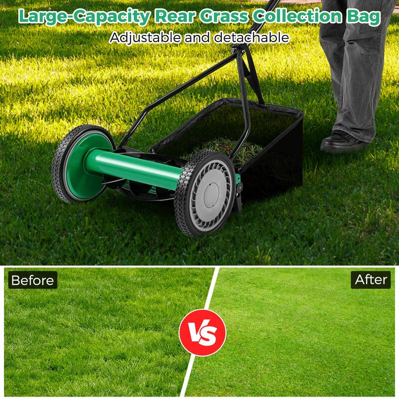 Gymax 14'' Manual Reel Mower w/ 5-Blade 6.6 Gallon Removable Grass
