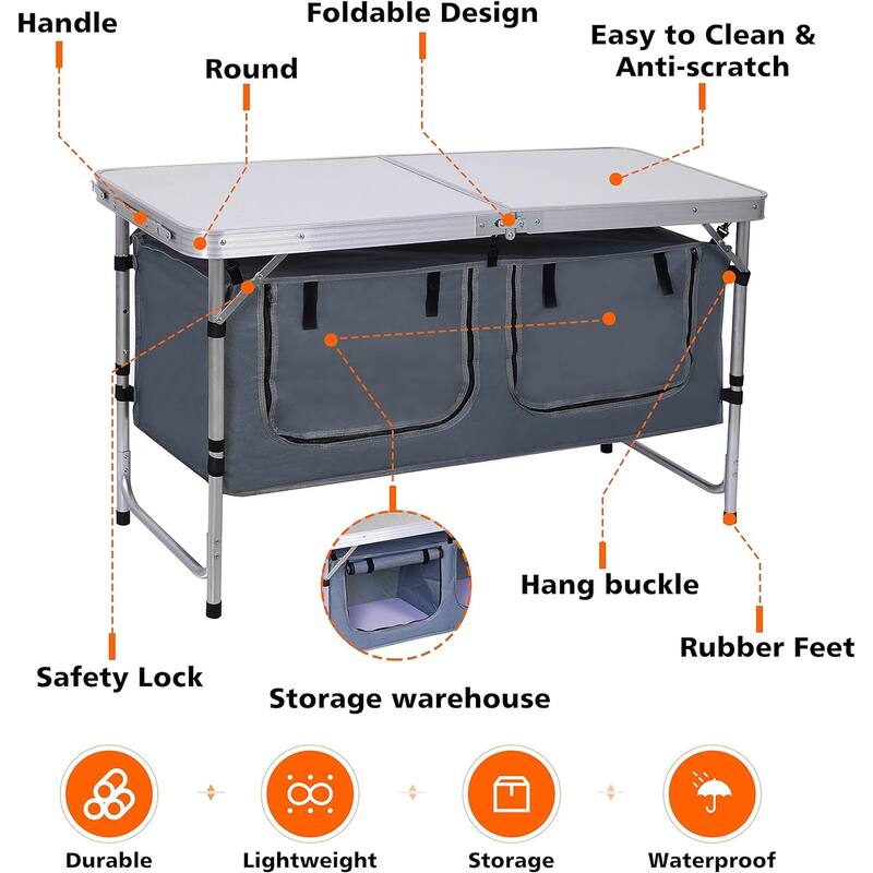 Folding Camping Table with Storage,Portable,Adjustable,Lightweight for Indoor and Outdoor Picnic, Beach, Hiking, Travel