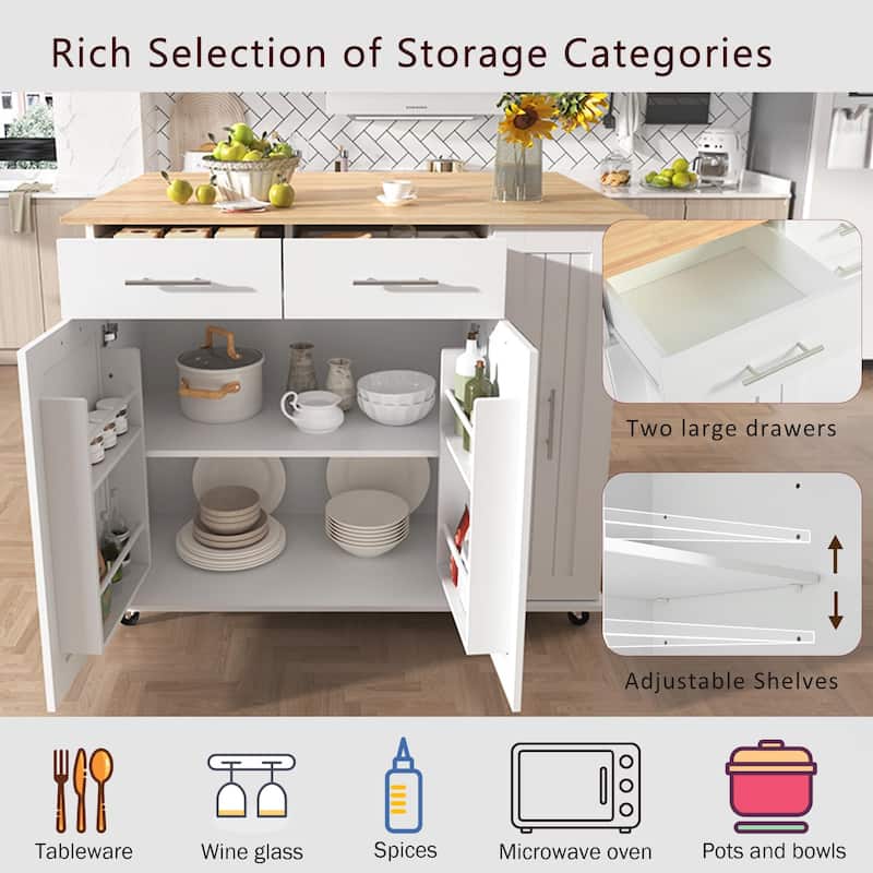 Kitchen Storage Island Car with Drop Leaf, 3 Tier Pull Out Cabinet, 2 Drawers, Internal Storage Rack &Towel Rack
