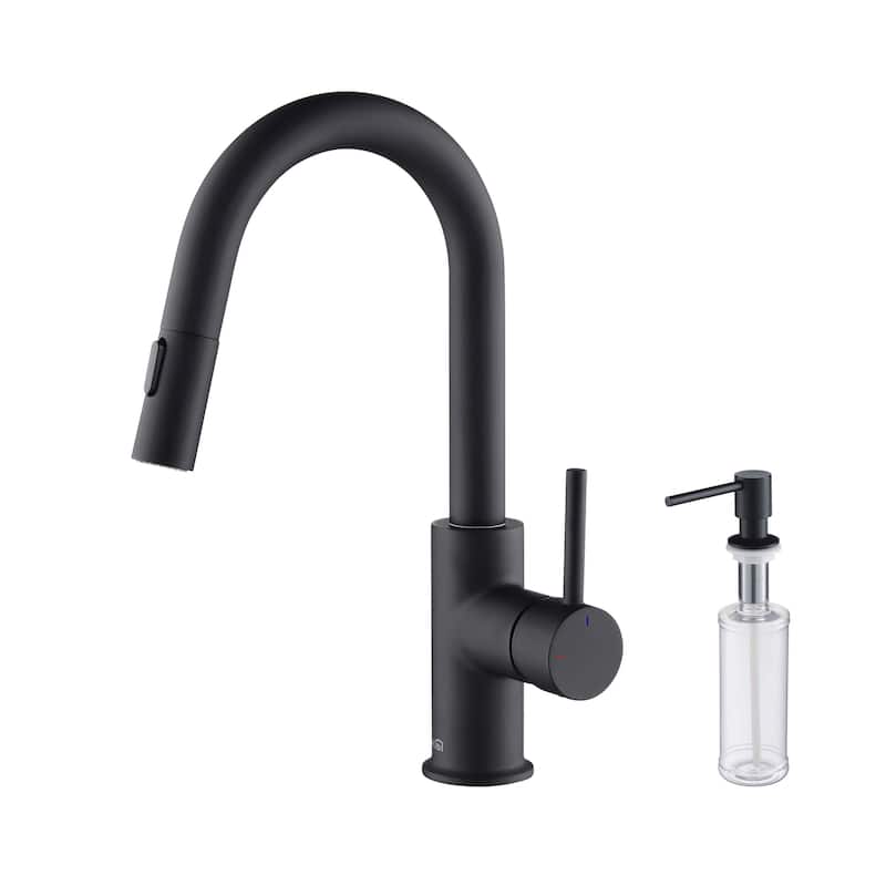Single-Hole Pull-Down Kitchen Faucet with Sprayer and Magnetic Docking - Matte Black W/ Soap Dispenser