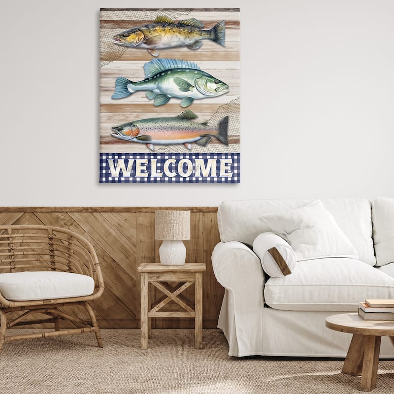 Stupell Welcome with Rustic Fish Canvas Wall Art Design By Nicole DeCamp