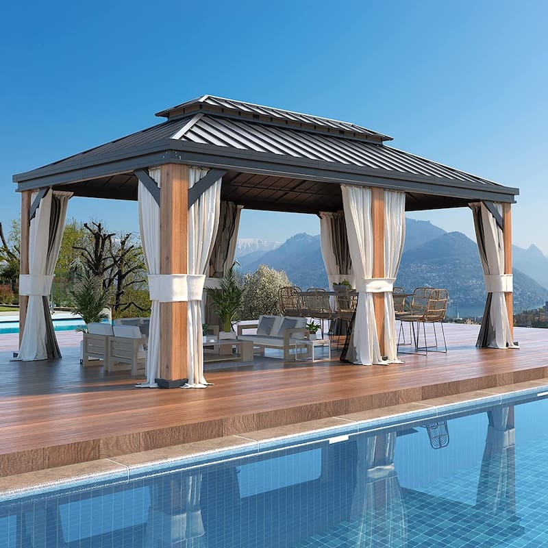 Outdoor Galvanized Steel Roof Gazebo Pergola w Wooden Coated Alumninum Frame, Privacy Curtains and Nettings Include