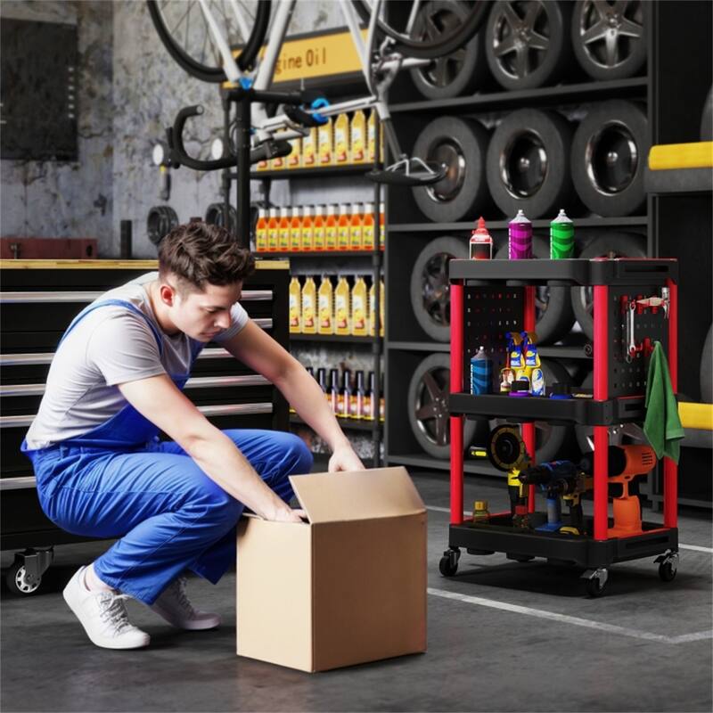 Three-Tier Mobile Rolling Tool Cart with Hooks and Storage Holes for Garage Workshop Organizer - 22.2" W x 18.7" D x 35" H