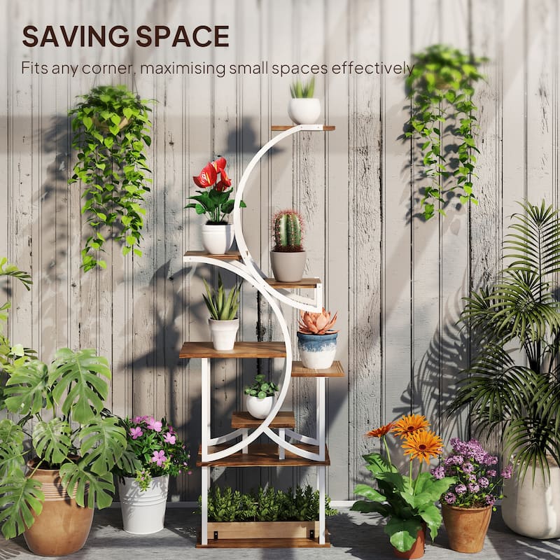 Eight-Tier Corner Plant Stand with S-Shaped Steel Frame and Fir Wood Shelves for Home Decor - 24.4" W x 10.2" D x 61.8" H