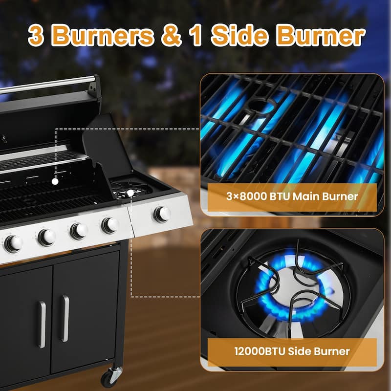Outdoor Propane Gas Grill with Side Burner, Cast Iron Grates, Storage Cabinet, Easy Clean for Backyard & Patio