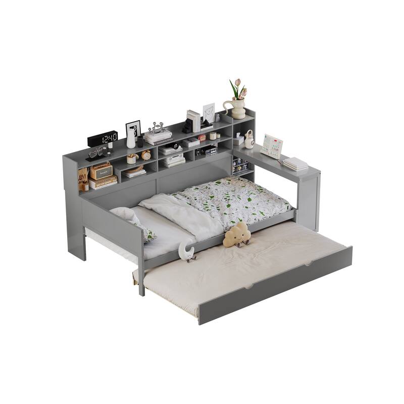 Wooden Daybed with Storage Shelves, Multi-functional Bed with Twin Size Trundle Bed and Study Desk