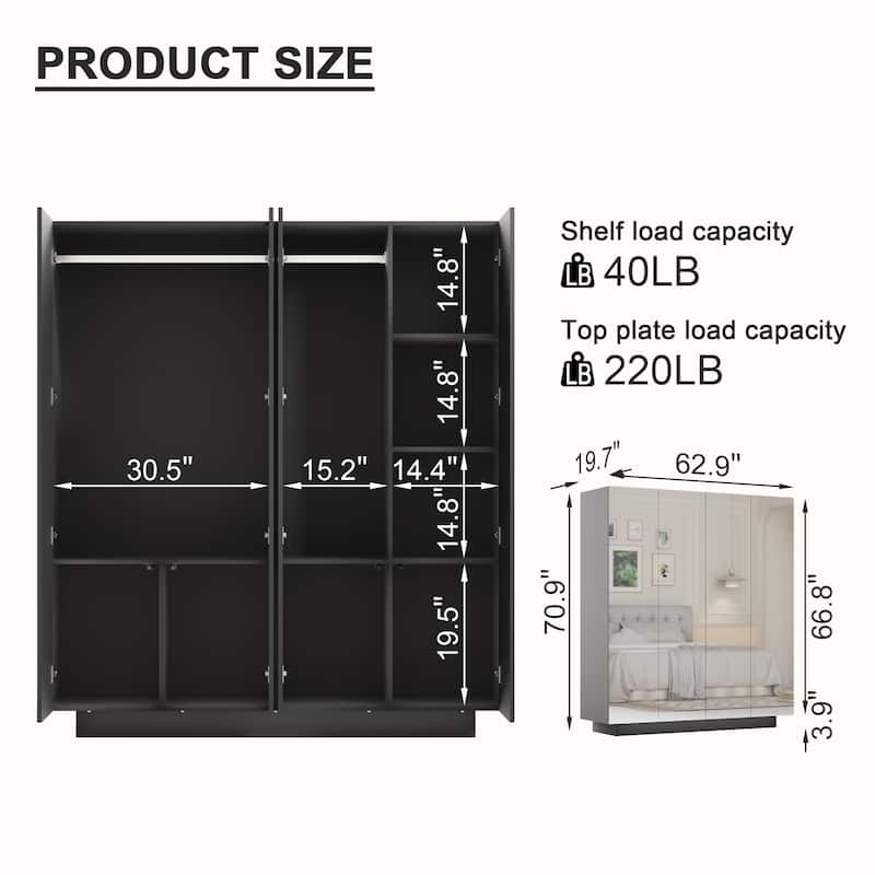 63"W 4-Door Mirror Wardrobe with LED Lighting Modern Stylish Armoires