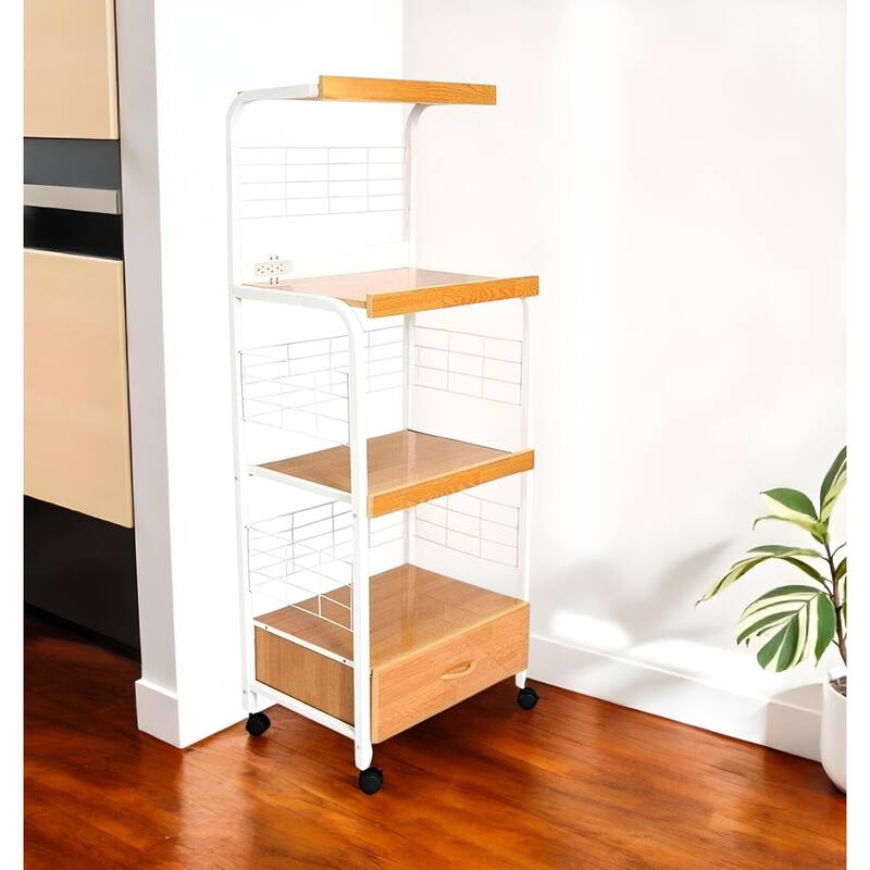 HomeRoots White and Natural 26" Rolling Kitchen Cart With Storage - 25.50 in. x 59.50 in. x 17.00 in. - Kitchen Cart - White/Natural
