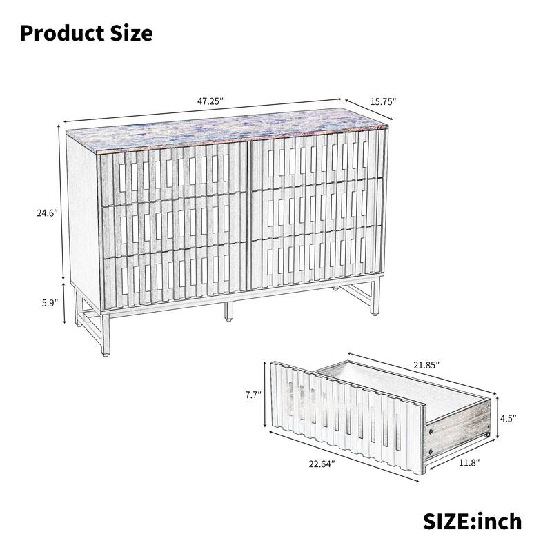 Modern Style 6-Drawer Double Dresser with Slatted Grille Striped Drawer and Hollow Caving, Wood Finish Top