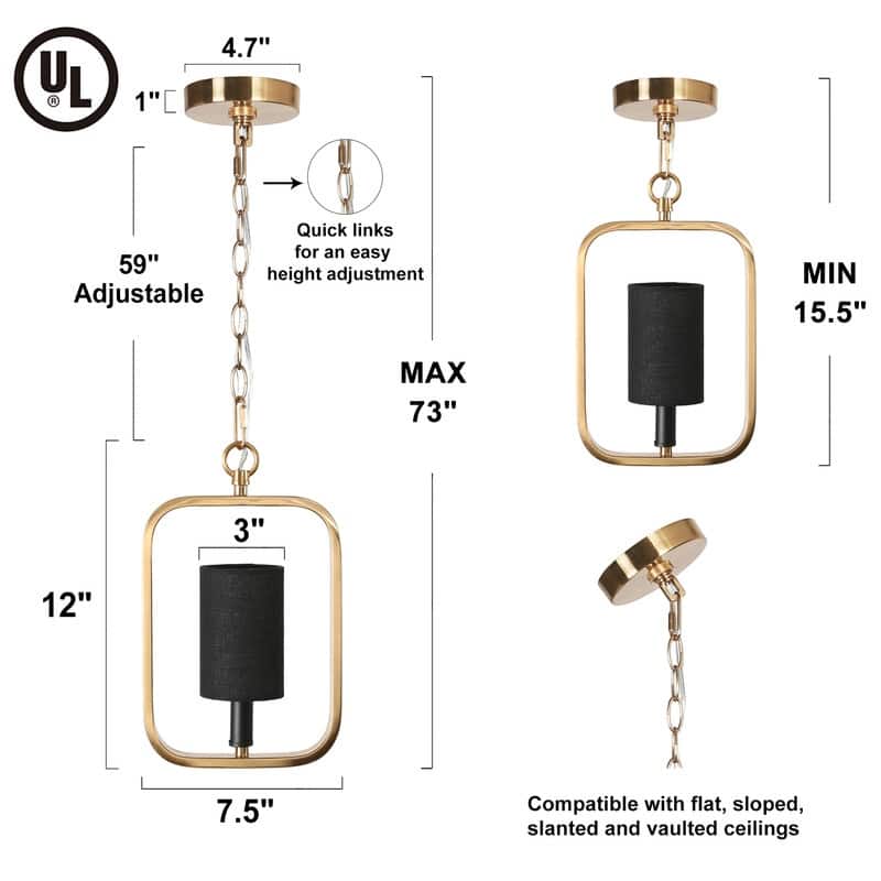 Evaie Mid-century Modern 1-Light Gold Frame Pendant Lights with Fabric Shade - L 7.5" x W 3" x H 73"