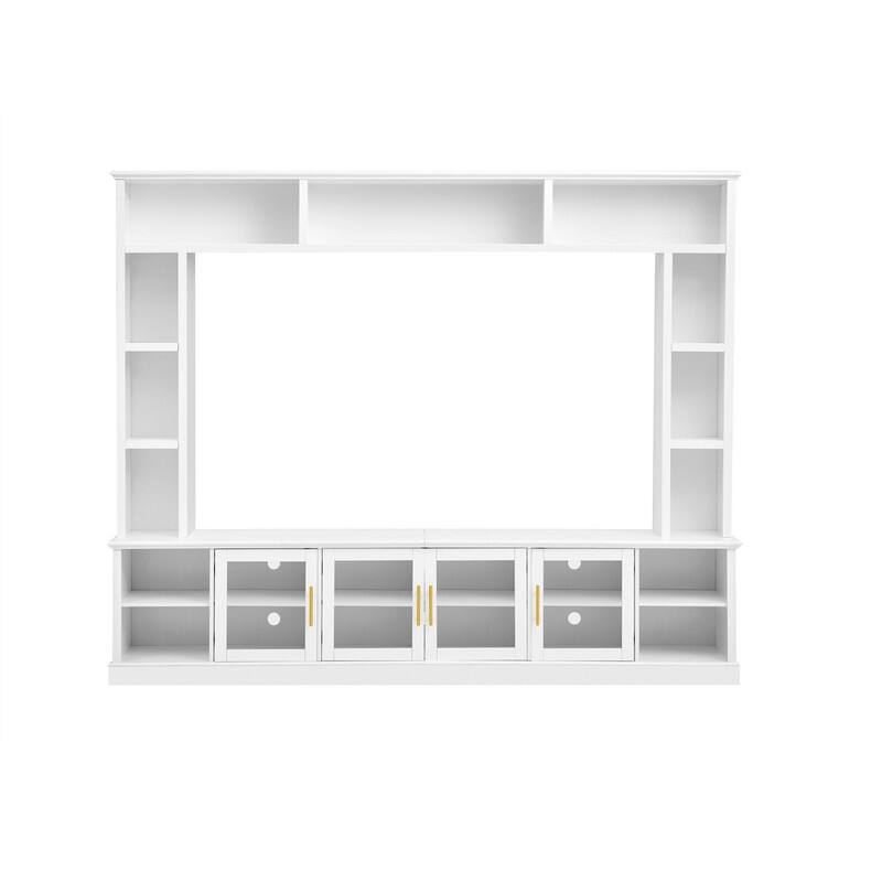 Modern Entertainment Center Wall Unit for TVs up to 80", One-Piece 95.1" TV Console Unit with Bookshelves & Tempered Glass Doors