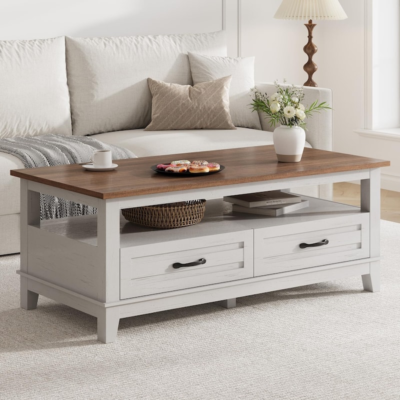 Farmhouse Coffee Table, Rectangle for Living Room, - White