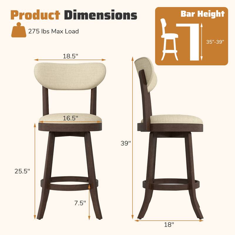 Gymax 25.5'' Counter Height Chairs Set of 2 w/ Padded Seat & Backrest