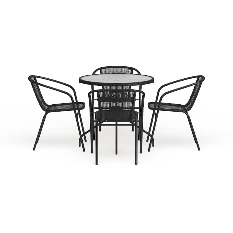 28'' Round Glass Metal Table with Rattan Edging and 4 Rattan Stack Chairs