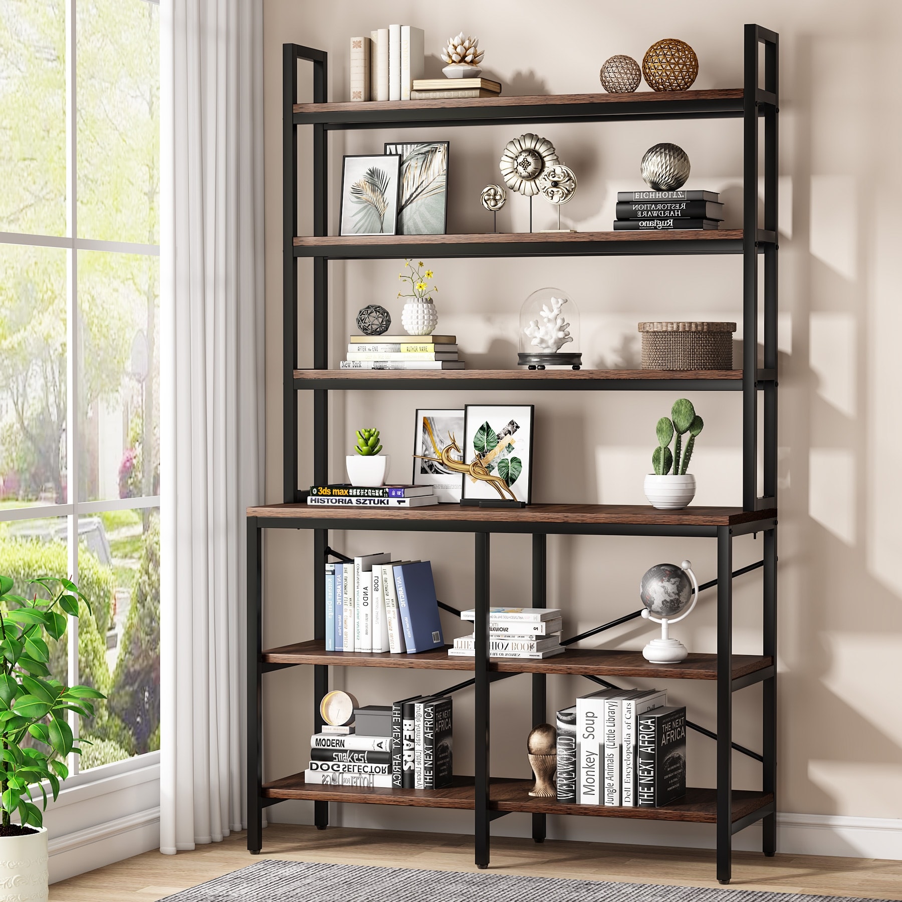 6 Tire Wood Shelf Bookshelf case Tall Wide Display Brown Solid Grocery Rack USA~ 