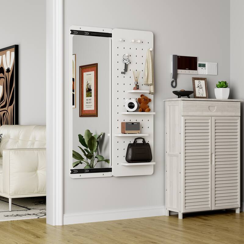 Wall Mounted Full Length Mirror with Shelf and Hook Wall Mounted Mirror with Multifunctional Design Panel(47.6*15.7in)