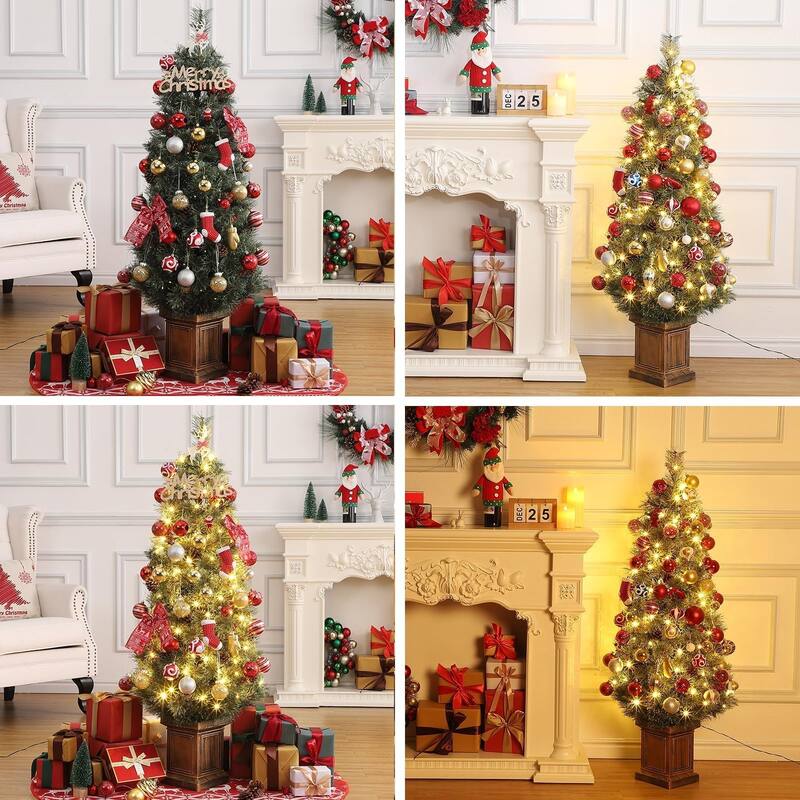 4.5 Ft Artificial Christmas Tree with 200 Warm White LED Lights and Red Berries Potted Base Holiday Xmas Tree