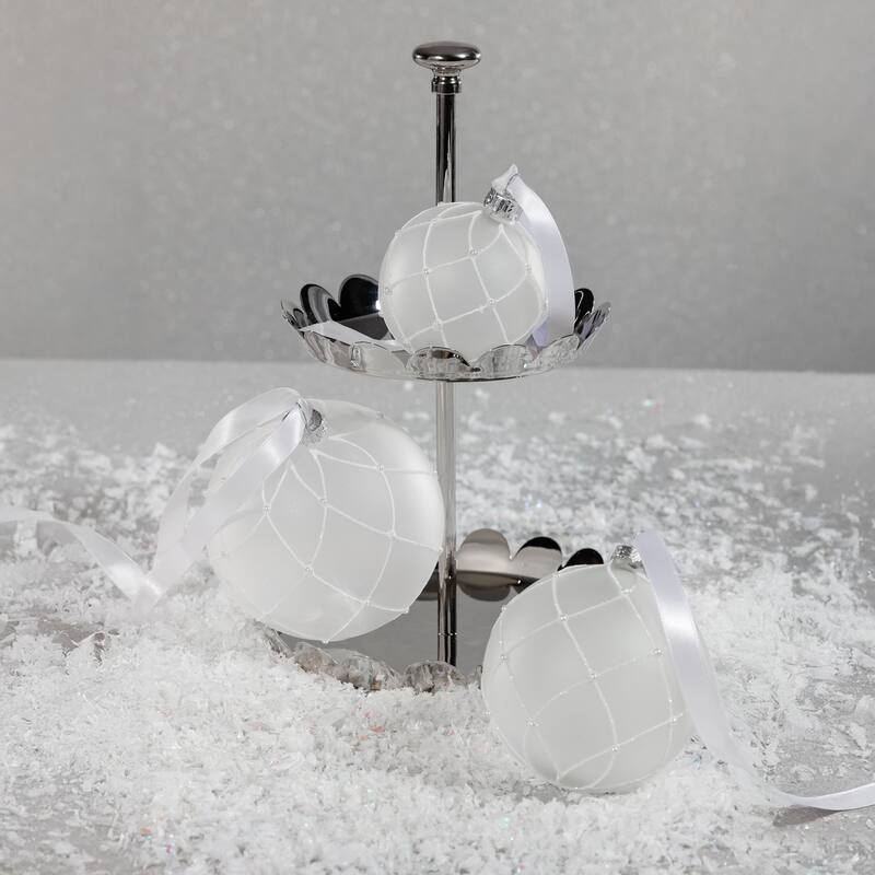 4-Piece Set Frosted 4.75" Glass Ball Christmas Ornaments with White Glitter