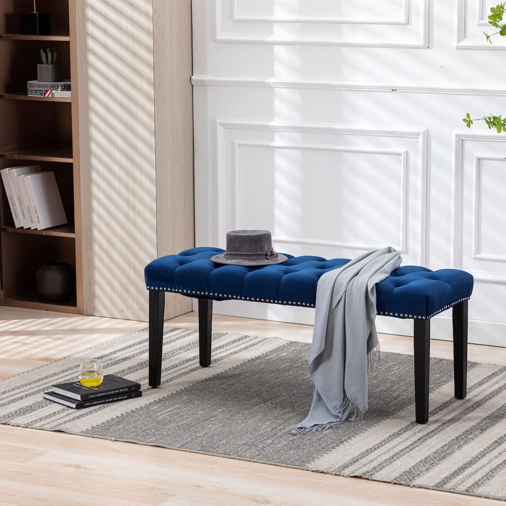 Blue Piano Bench Ottoman Leisure Bench with Wood Legs, Simple Window Bench Accent Bench Corridor Bench