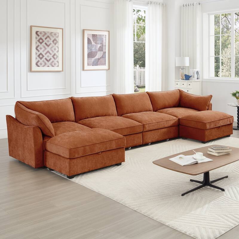 GDFStudio - Chenille U-Shaped 4-Seater 146.4" Modular Sofa with 2 Ottomans and Storage Drawers