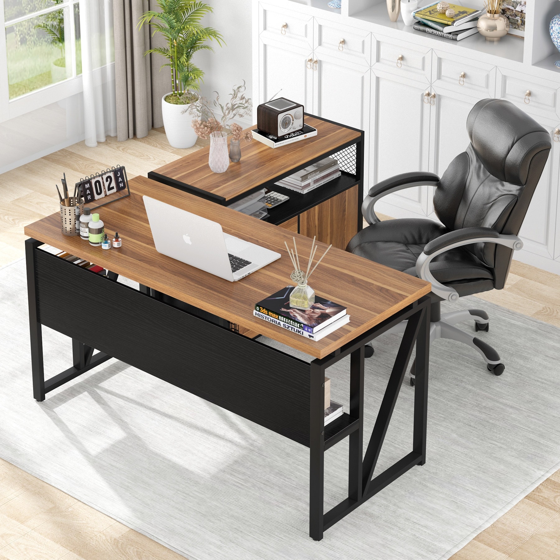 TJ ページ 26.5/42 63-inche L Shaped Desk with Lateral Cabient, 2 piece Home Office
