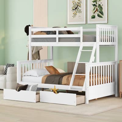 Wooden Frame Bunk Bed with Ladders and 2 Storage Drawers