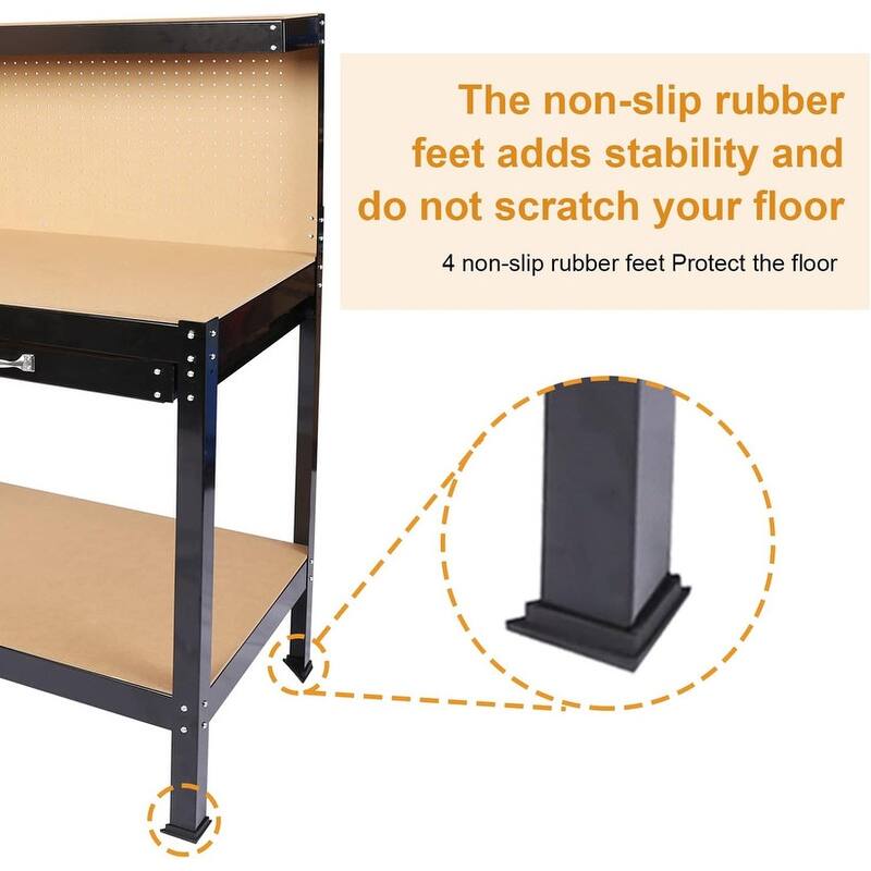 Steel Tool Storage Workbench, Hardwood Tools Table Workstation with Drawer, Peg Board for Workshop, Home