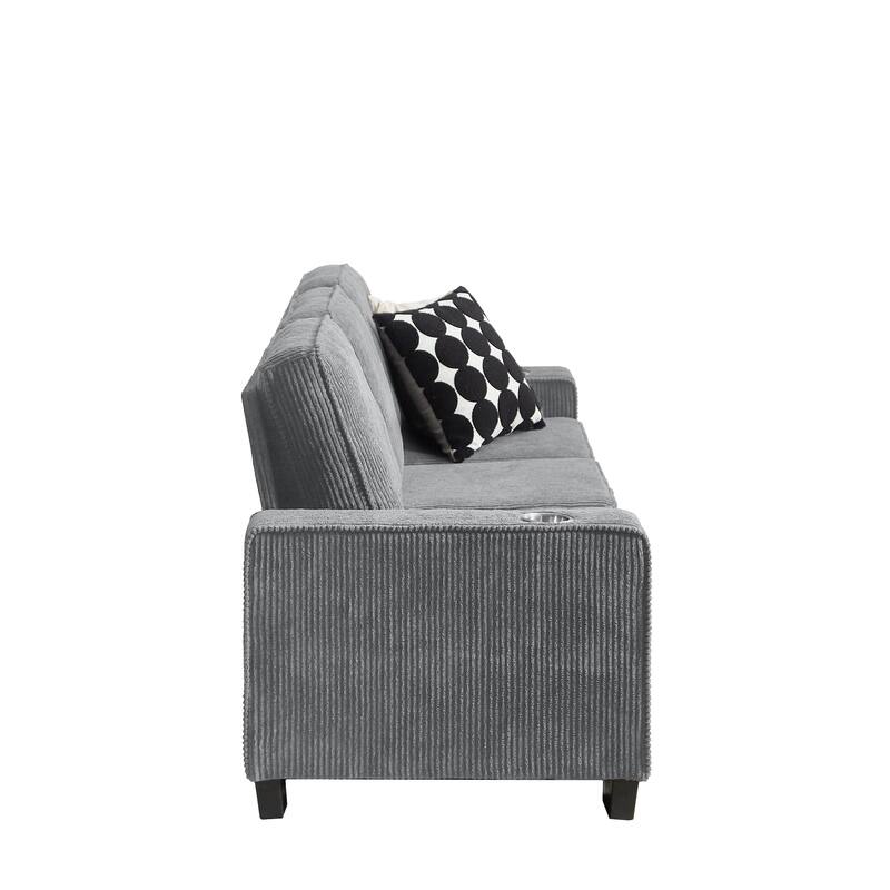 Corduroy Fabric Deep Seat Sofa, Cloud Sofa with Washable Backrest Cushion, 3 Seater Sofa with 2 Cup Holders & Square Arm