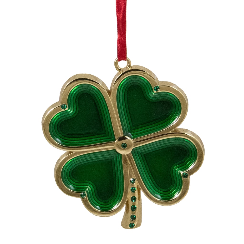 3.25" Green and Brass-Plated Shamrock Christmas Ornament with European Crystals