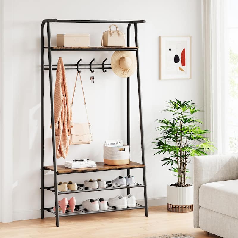 Rustic 4-in-1 Hall Tree Bench with Shoe Rack, Storage Shelf, and 5 C-Shaped Hooks in Brown & Black - 31.5*12.8*71.2in - Brown