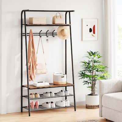 Rustic 4-in-1 Hall Tree Bench with Shoe Rack, Storage Shelf, and 5 C-Shaped Hooks in Brown & Black - 31.5*12.8*71.2in