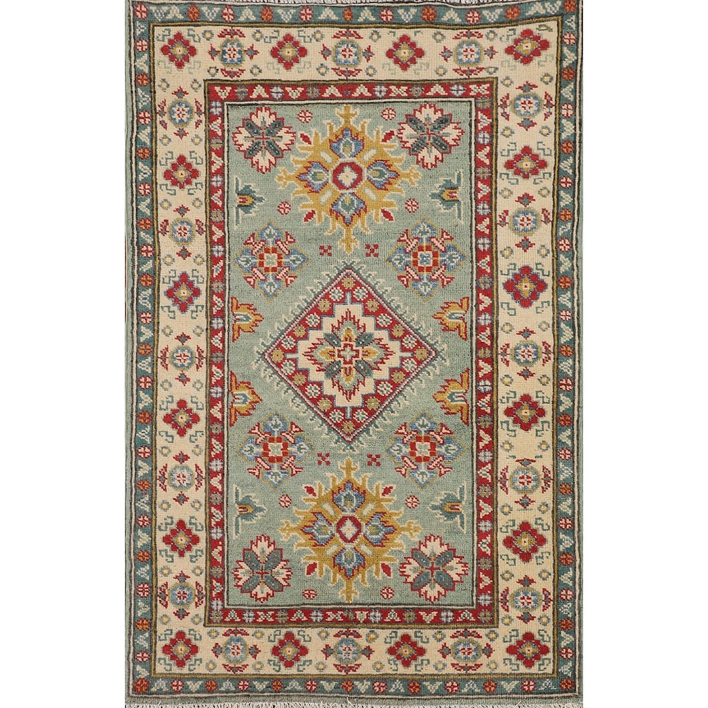Light Green Kazak Oriental Accent Rug Hand-Knotted Wool Carpet - 2'7" x 4'2"