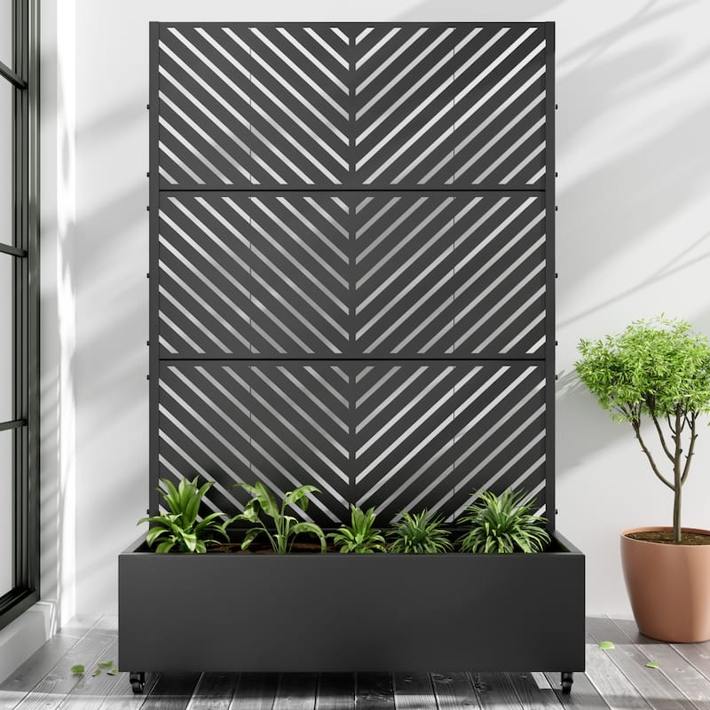 Metal Movable Planter Box with Trellis Privacy Screen Planter Box with Lockable Wheels - Black1