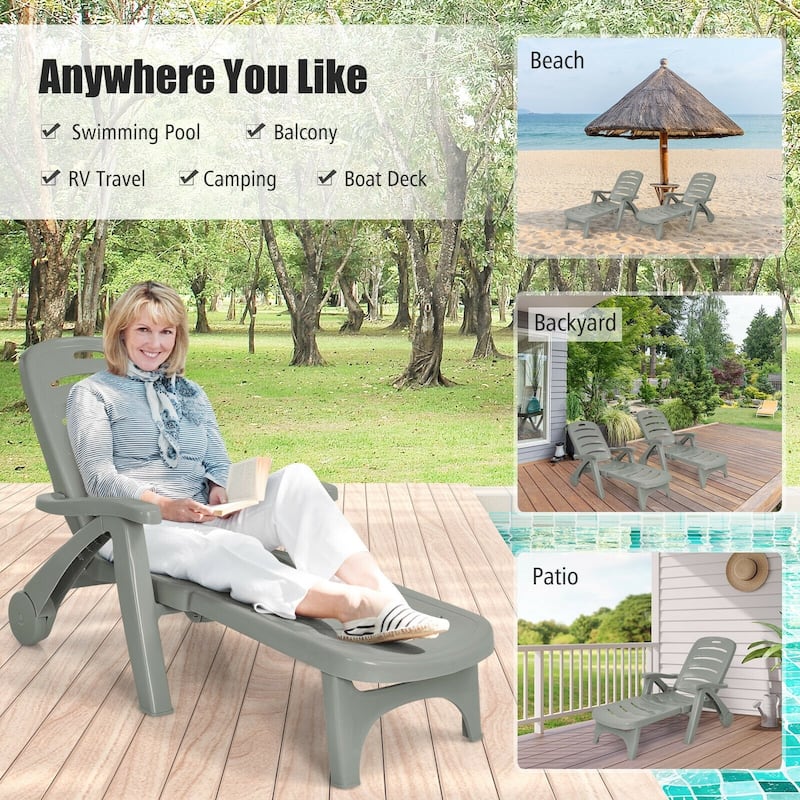 5 Position Adjustable Folding Lounger Chaise Chair on Wheels - 30" x 29" x 41" (L x H x W)