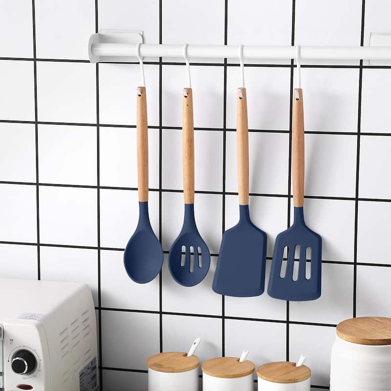 Country Kitchen Non Stick Silicone Utensil Set with Rounded Wood Handles for Cooking and Baking, 14 Piece Set