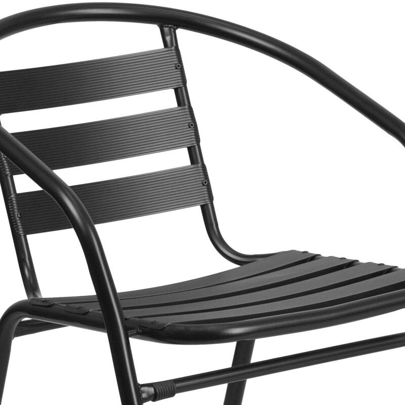 23.5" Square Glass Metal Table with 2 Metal Aluminum Slat Stack Chairs