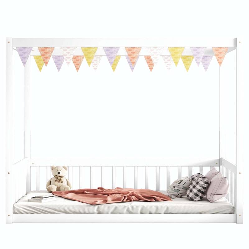 Full Size Canopy Frame Floor Bed with Fence