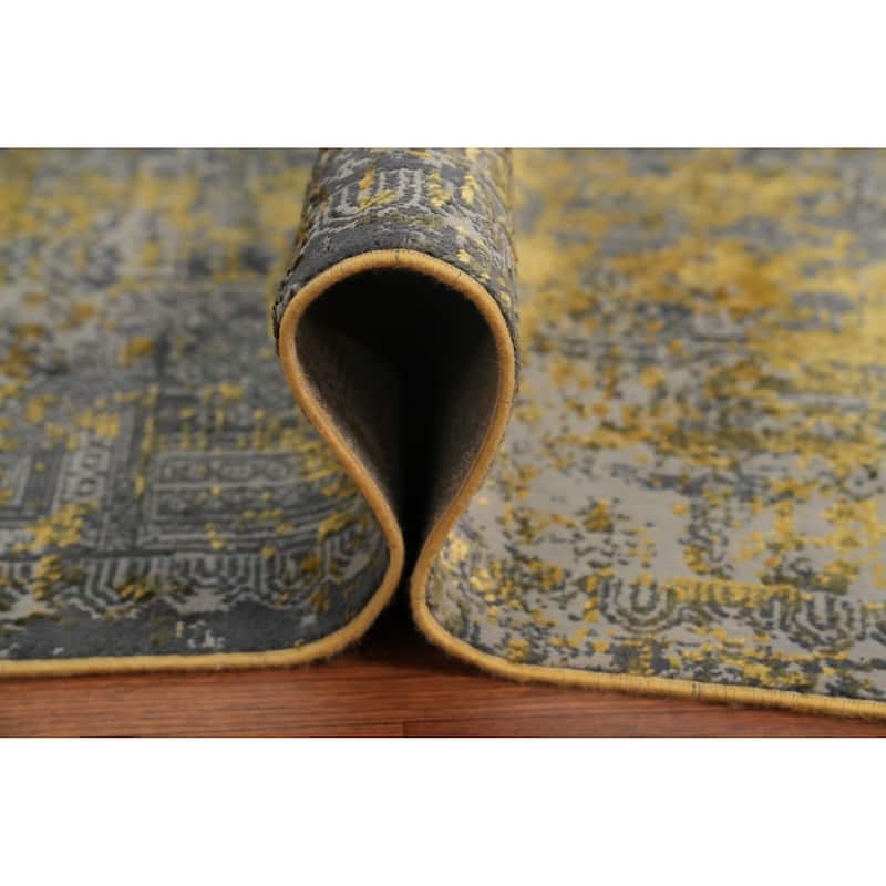 Machine Made Oriental Polyester Carpet Geometric Yellow & Gold Distressed Area Rug - 7' 5'' X 5' 2''